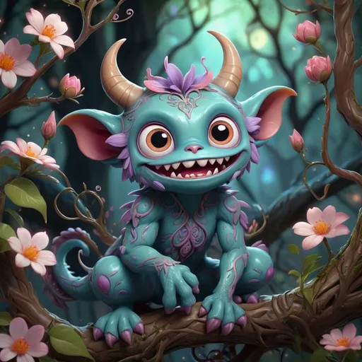 Prompt: anime-style digital painting of a cute monster creature, romantic and mystical atmosphere, intricate pose, highly detailed, complex background with tree branches and flowers, dynamic lighting and lights, filigree, best quality, highres, highly detailed, anime, fantasy, romantic, mystical, cute, digital painting, luminism, complex background, intricate pose, dynamic lighting, intricate design, professional, atmospheric lighting