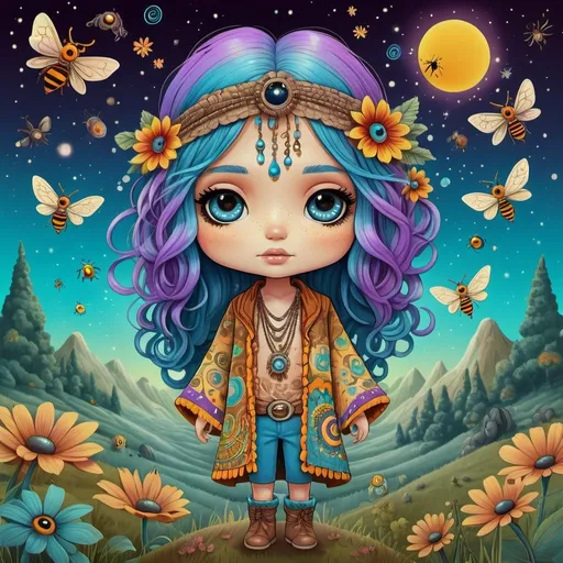 Prompt: old hippie, 70's style,  bohemian with mystical eerie landscape, flying magic insects, kawaii chibi, detailed eyes, vibrant colors,highres, whimsical, bohemian, vibrant colors, retro, chibi, intricate patterns, magic