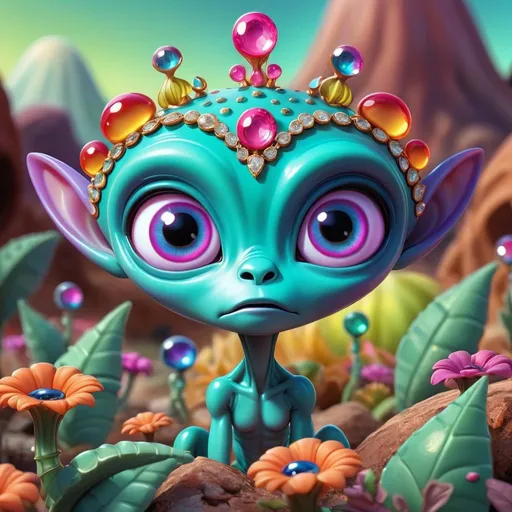 Prompt: Whimsical, cute alien, cartoon style, girlie ultra diamond and gems bling, vibrant colors, large expressive eyes, playful demeanor, alien landscape, otherworldly plants, best quality, high resolution, vibrant, cartoon, cute, whimsical, otherworldly, playful, expressive eyes, alien landscape, vibrant colors, professional