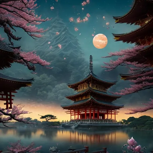 Prompt: Capture the breathtaking beauty of a sunset over japanese temple at sunset with cherry blossoms, in a symbolic and meaningful style, insanely detailed and intricate, hypermaximalist, elegant, ornate, hyper realistic, super detailed with vibrant hues painting the sky and reflecting off the calm waters., HD, Effervescent, magical creatures, fireflies, moonlit flowers, highres, fantasy, ethereal lighting, detailed nature, mystical, moonlit river, enchanting atmosphere, glowing flora, serene, dreamlike, fantasy creatures, moonlit scene, magical beings, surreal, whimsical, illuminated hill, mystical setting, moonlit landscape, fairytale, vibrant colors, soft moonlight, illustration, photograph
