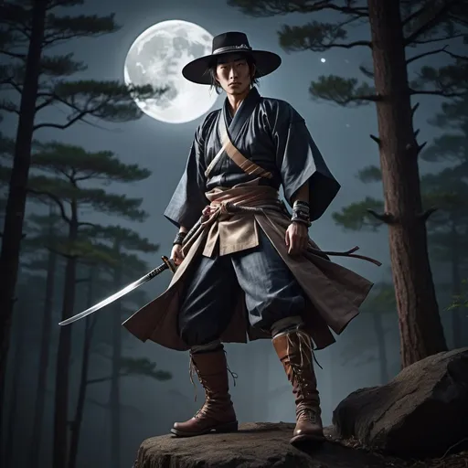 Prompt: Japanese cowboy in traditional attire, samurai sword, rugged forest, moonlight, dynamic pose, detailed, high quality, anime, western, rugged leather boots, warm tones, dramatic lighting, moonlit scene, traditional clothing, dynamic composition