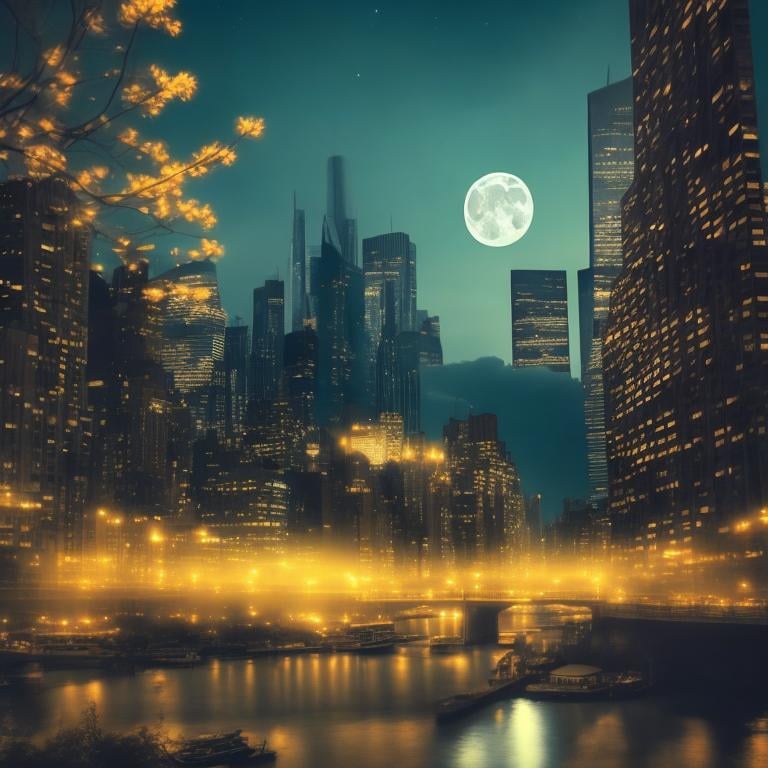 Prompt: NY City skyline at night with moonlit river, enchanting atmosphere, glowing flora, serene, dreamlike, fantasy, hi-res, fantasy