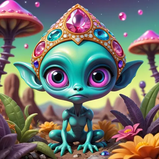 Prompt: Whimsical, cute alien, cartoon style, girlie ultra diamond and gems bling, vibrant colors, large expressive eyes, playful demeanor, alien landscape, otherworldly plants, best quality, high resolution, vibrant, cartoon, cute, whimsical, otherworldly, playful, expressive eyes, alien landscape, vibrant colors, professional