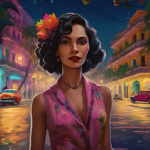 Prompt: Cheeta Rivera close up in street scene in Havana in the 1930 at night, street lights illuminating, bright flowers, trees, people walking, colorful buildings of the period, ,unreal engine, highly detailed, best quality, highres, bright colors, glimpse of ocean in background, illustration, masterpiece, atmospheric lighting, surreal, futuristic, vibrant tones, otherworldly, intense colors, vibrant atmosphere