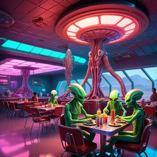 Prompt:  Cafeteria style diner on Mars, an alien family with small children enjoying alien food, dining room with aliens sitting at table and chairs, futuristic neon-lit environment, high-tech 3D rendering, vibrant colors, whimsical various colored alien creatures, towering structure, detailed alien food, vivid lighting, high quality, 3D rendering, futuristic, vibrant neon colors, whimsical, detailed environment