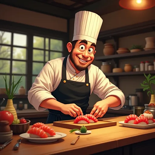 Prompt: comical sushi chef at work, (expert craftsmanship), focused expression, traditional chef's uniform, surrounded by fresh ingredients, detailed sushi preparation, wooden counter, vibrant colors, (high attention to detail), cozy sushi restaurant ambiance, (warm lighting), authentic Japanese decor, (4K resolution), ultra-detailed background, emphasizing the art of sushi making.