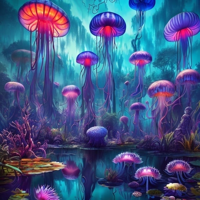 Prompt: a multi-colored surreal world that resembles the beautiful Florida swamp land with alligator-like creatures and surreal landscape, it is always sunset time, with such beautiful coloured plants mixed in. The reflections in the  water play lengthy tricks on the mind and there a bright-coloured electrifying flowers gracefully resting in the water and look sclectric 3D jellyfish lighting up the sky