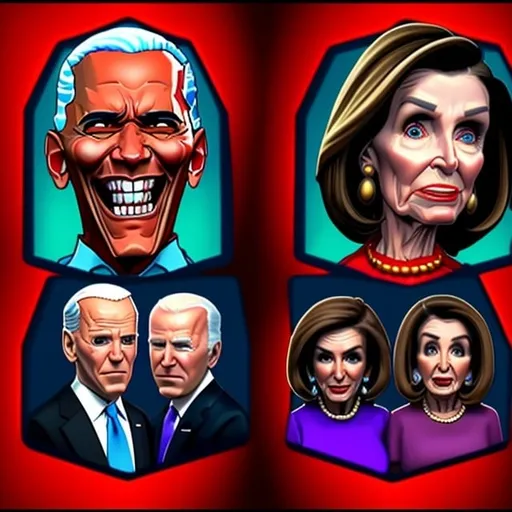 Prompt: Profile images, hyper real, evil devil faces high definition of evil Barack Obama, evil Joe Biden, and evil Speaker Nancy Pelosi in style of Mad Magazine 