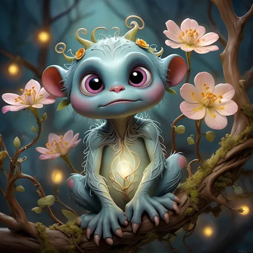 Prompt: art by  mandy disher,monstercreature 
luminism, , WLOP  greg rutkowski,  craola,  , romantic, mystical,  , cute, fantasy,    flowers, tree branches,  ,  complex background, dynamic lighting, lights, digital painting, intricate pose, highly detailed , cute, filigree, intricate, 