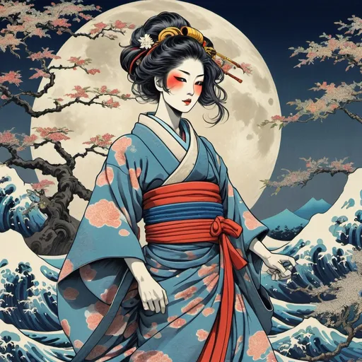 Prompt: Moonwalker in vibrant ukiyo-e style, surreal and dreamlike, intricate details on traditional clothing, flowing robes with ethereal patterns, bold and vibrant colors, detailed brushstrokes, high-res, detailed, ukiyo-e, surreal, moonwalker, vibrant colors, intricate designs, traditional clothing, dreamlike, detailed brushstrokes, surreal and dreamlike, vivid colors, vibrant ukiyo-e, detailed traditional clothing, high-quality, surreal and dreamlike, detailed brushstrokes