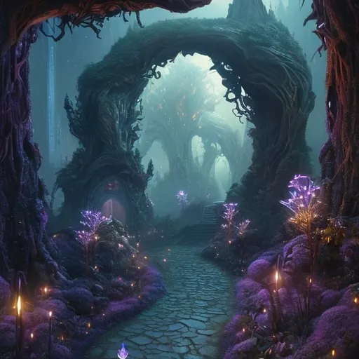 Prompt: Ethereal sci-fi illustration of a mysterious path to eternal well-being, otherworldly, fairy lights, small gargoyle creatures, ethereal, futuristic sci-fi setting, multicolored vibrant glowing flora and fauna, highres, ultra-detailed, sci-fi, ethereal, mysterious path, otherworldly creatures, futuristic, vibrant glowing, high quality, atmospheric lighting
