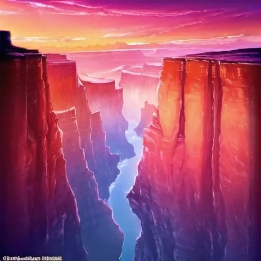 Prompt: Grand Canyon viewed from the very bottom, oil painting, exquisite rock formations, high quality, realistic, majestic sunset, warm and vibrant tones, soft shadows, ultra-detailed, expansive landscape, natural wonder, immense scale, breathtaking scenery