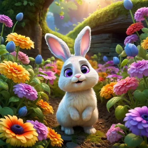 Prompt: Cute and adorable bunny in a fantasy flower garden, lush greenery, vibrant colorful flowers, soft and fluffy fur, expressive and bright eyes, high quality, fantasy, cute, adorable, fantasy style, vibrant colors, detailed fur, dreamy lighting