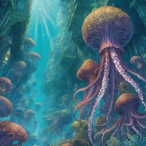 Prompt: Intense underwater seaweed city with brilliant multicolored hues, octopuses close up, with towering crystals, Moebius style, manga, cel shaded, vibrant blues and greens, intricate details, luminous lighting, highres, ultra-detailed, underwater, art nouveau, manga, cel shaded, intense blues, towering crystals, vibrant, luminous lighting