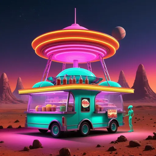 Prompt:  outdoor drive-in movie theater on Mars with cute neon colored alien creature carhop servers, trays of alien food, futuristic neon-lit environment, high-tech 3D rendering, vibrant colors, whimsical alien creatures, towering structure, detailed alien food, vivid lighting, high quality, 3D rendering, futuristic, vibrant neon colors, whimsical, detailed environment