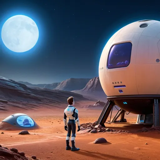 Prompt: Elon Musk as a Martian standing in front of small dwelling on Mars, blue moonlight, detailed facial features, futuristic sci-fi illustration, vibrant colors, imaginative, highres, ultra-detailed, alien, LGBTQ+, unique design, atmospheric lighting, otherworldly, futuristic fashion, cosmic landscape