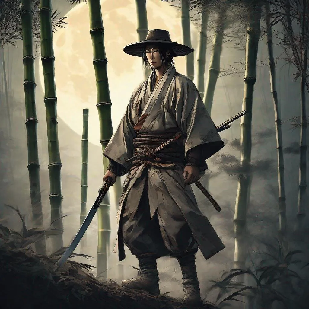 Prompt: Japanese cowboy in traditional attire with samurai sword, rugged bamboo forest setting, moonlit scene, dynamic pose, detailed boots, high quality, anime, western, dramatic lighting, warm tones, detailed, dynamic, traditional clothing, samurai sword, rugged forest, moonlight, leather boots