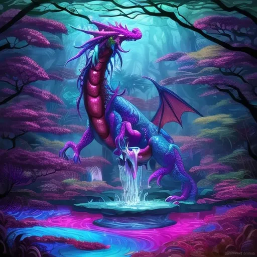 Prompt: Asian inspired cute friendly multicolored dragon lurking in deep dark forest with trees and large pool of water, vibrant colors, swirling patterns, detailed scales and textures, high quality, digital painting, surreal, neon tones, otherworldly atmosphere, glowing eyes, multi-dimensional, intense and immersive, fantasy, psychedelic, vibrant colors, detailed scales, surreal, neon tones, immersive lighting