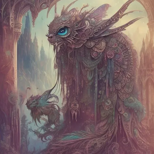 Prompt: mean and evil Fantasy creature,  bohemian with mystical eerie landscape, flying magic insects, kawaii chibi, detailed eyes, vibrant colors, intricate patterns, highres, mystical, whimsical, bohemian, detailed eyes, vibrant colors, retro, chibi, celestial, intricate patterns, magic