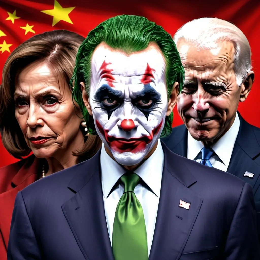 Prompt: Hyper real image, high definition, dramatic, mad evil single image as Joker faces of each, Barack Obama, Joe Biden, and  Nancy Pelosi in style of the Joker movie character with China flage background