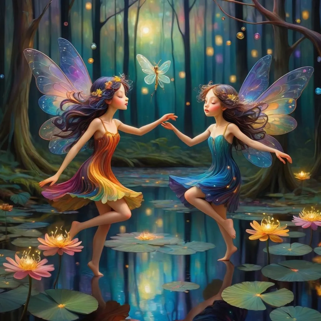 Prompt: small winged fairies characters in the style of Klimt dancing in deep dark multicolor forest,Amidst a quiet forest glade, fireflies in the background around the waters of a serene pond shimmer with kaleidoscopic reflections of the changing sky above. Each ripple, a testament to the wind's whisper, reshapes the radiant colors, embodying the transient nature of introspection. 