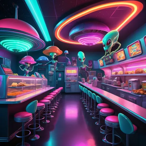 Prompt:  outer space drive-in movie theater with cute neon colored alien creature carhop servers, trays of alien food, futuristic neon-lit environment, high-tech 3D rendering, vibrant colors, whimsical alien creatures, towering structure, detailed alien food, vivid lighting, high quality, 3D rendering, futuristic, vibrant neon colors, whimsical, detailed environment