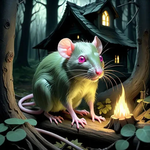 Prompt:  small green rat-like creature with eerie pink glowing eyes, lurking in thick wooded stand of trees beside a small cottage with firelight glowing in windows, muted moonlight, deep forest, high quality, dark and eerie, detailed eyes, atmospheric lighting