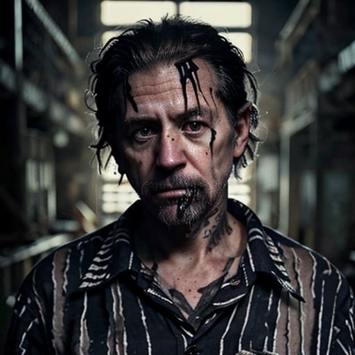 Prompt: Joe Biden as a rat,  evil facial expression, grunge, wearing striped jail jumpsuit, drunk, lazy, sleazy, unkempt,gritty style, dark and intense, sinister expression, messy hair, disheveled clothing, detailed facial wrinkles, moody lighting, grungy, sinister, unkempt, detailed facial features, dark tones, gritty texture
