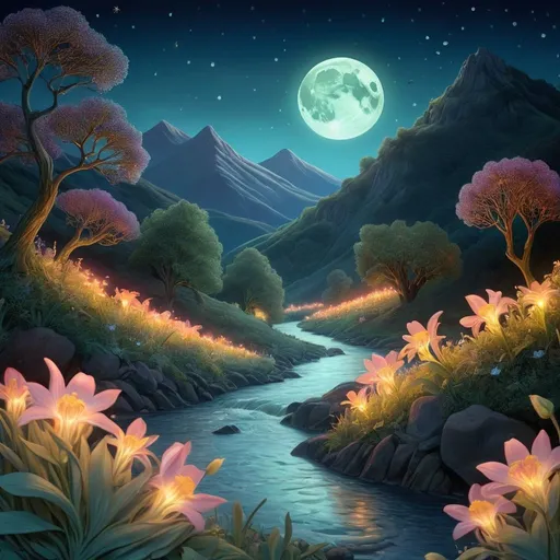 Prompt: Mountain with glowing river, in the style of William Morris, magical creatures, fireflies, moonlit flowers, highres, fantasy, ethereal lighting, detailed nature, mystical, moonlit river, enchanting atmosphere, glowing flora, serene, dreamlike, fantasy creatures, moonlit scene, magical beings, surreal, whimsical, illuminated hill, mystical setting, moonlit landscape, fairytale, vibrant colors, soft moonlight, illustration, photograph