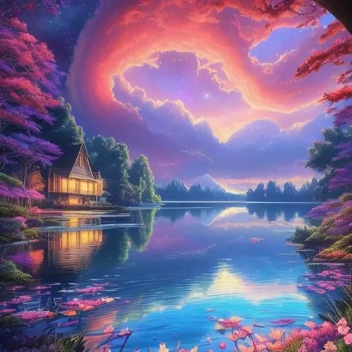 Prompt: Capture the breathtaking beauty of a sunset over a serene lake, with vibrant hues painting the sky and reflecting off the calm waters. evoking a sense of tranquility and wonder in the viewer's mind.,Rainbow, HD, Effervescen, magical creatures, fireflies, moonlit flowers, highres, fantasy, ethereal lighting, detailed nature, mystical, moonlit river, enchanting atmosphere, glowing flora, serene, dreamlike, fantasy creatures, moonlit scene, magical beings, surreal, whimsical, illuminated hill, mystical setting, moonlit landscape, fairytale, vibrant colors, soft moonlight, illustration, photograph