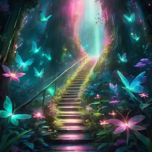 Prompt: Ethereal sci-fi illustration of a stairway to heaven, otherworldly, fireflies and fairy creatures,  ethereal, futuristic sci-fi setting, multicolored pinks, blues and greens, vibrant glowing flora and fauna, highres, ultra-detailed, sci-fi, ethereal, mysterious path, otherworldly creatures, futuristic, vibrant glowing, high quality, atmospheric lighting