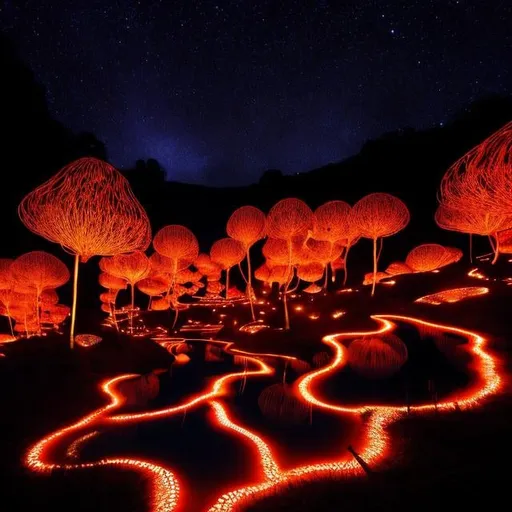 Prompt: Hill with glowing river, in the style of Yayoi Kusama, moonlit flowers, highres, fantasy, ethereal lighting, detailed nature, mystical, moonlit river, enchanting atmosphere, glowing flora, serene, dreamlike, fantasy creatures, moonlit scene, magical beings, surreal, whimsical, illuminated hill, mystical setting, moonlit landscape, fairytale, vibrant colors, soft moonlight, i