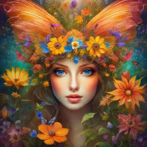 Prompt: Surrealism, Fairy of summer, vibrant colors, large eyes, warm tones, wildflowers, close-up, high quality, detailed, surreal, vivid colors, fairy, dreamy, wildflowers, close-up, intricate details, surrealism style, warm lighting, magical atmosphere