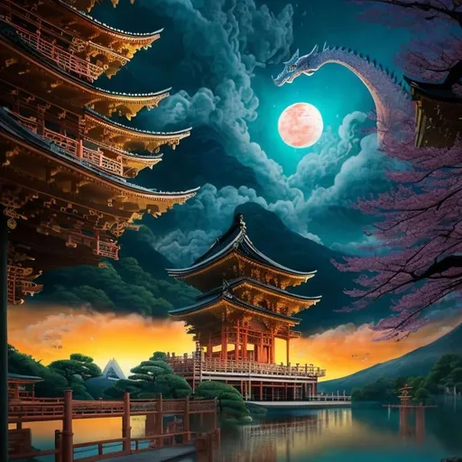 Prompt: Capture the breathtaking beauty of a sunset over japanese temple at sunset with cherry blossoms, in a symbolic and meaningful style, insanely detailed and intricate, hypermaximalist, elegant, ornate, hyper realistic, super detailed with vibrant hues painting the sky and reflecting off the calm waters. life size green realistic scarey Loch Ness Monster swimming , HD, Effervescent, magical creatures, fireflies, moonlit flowers, highres, fantasy, ethereal lighting, detailed nature, mystical, moonlit river, enchanting atmosphere, glowing flora, serene, dreamlike, fantasy creatures, moonlit scene, magical beings, surreal, whimsical, illuminated hill, mystical setting, moonlit landscape, fairytale, vibrant colors, soft moonlight, illustration, photograph