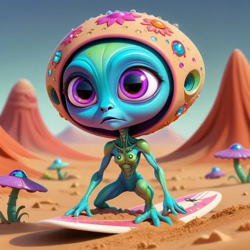 Prompt: Whimsical, cute alien, cartoon style, surfing the sand on Mars, girlie ultra colorful diamond and gems bling, vibrant colors, large expressive eyes, playful demeanor, alien flowered landscape, otherworldly plants, best quality, high resolution, vibrant, cartoon, cute, whimsical, otherworldly, playful, expressive eyes, alien landscape, vibrant colors, professional