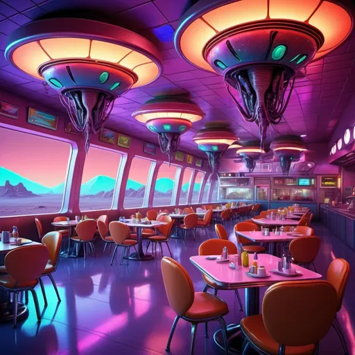 Prompt:  Cafeteria style diner on Mars, Martians carrying trays of alien food, dining room with table and chairs, futuristic neon-lit environment, high-tech 3D rendering, vibrant colors, whimsical alien creatures, towering structure, detailed alien food, vivid lighting, high quality, 3D rendering, futuristic, vibrant neon colors, whimsical, detailed environment