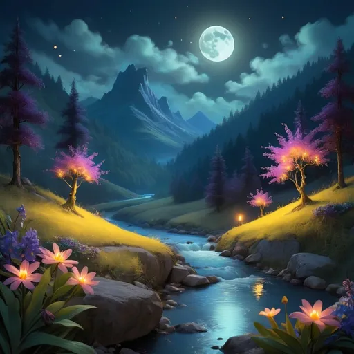 Prompt: Mountain with glowing river, in the style of vermeer, magical creatures, fireflies, moonlit flowers, highres, fantasy, ethereal lighting, detailed nature, mystical, moonlit river, enchanting atmosphere, glowing flora, serene, dreamlike, fantasy creatures, moonlit scene, magical beings, surreal, whimsical, illuminated hill, mystical setting, moonlit landscape, fairytale, vibrant colors, soft moonlight, illustration, photograph