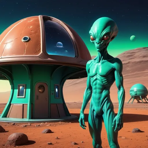 Prompt: green Gay alien Martian creature standing in front of his small dwelling on Mars, blue moonlight, detailed facial features, futuristic sci-fi illustration, vibrant colors, multicolored, imaginative, highres, ultra-detailed, alien, unique design, atmospheric lighting, otherworldly, futuristic fashion, cosmic landscape