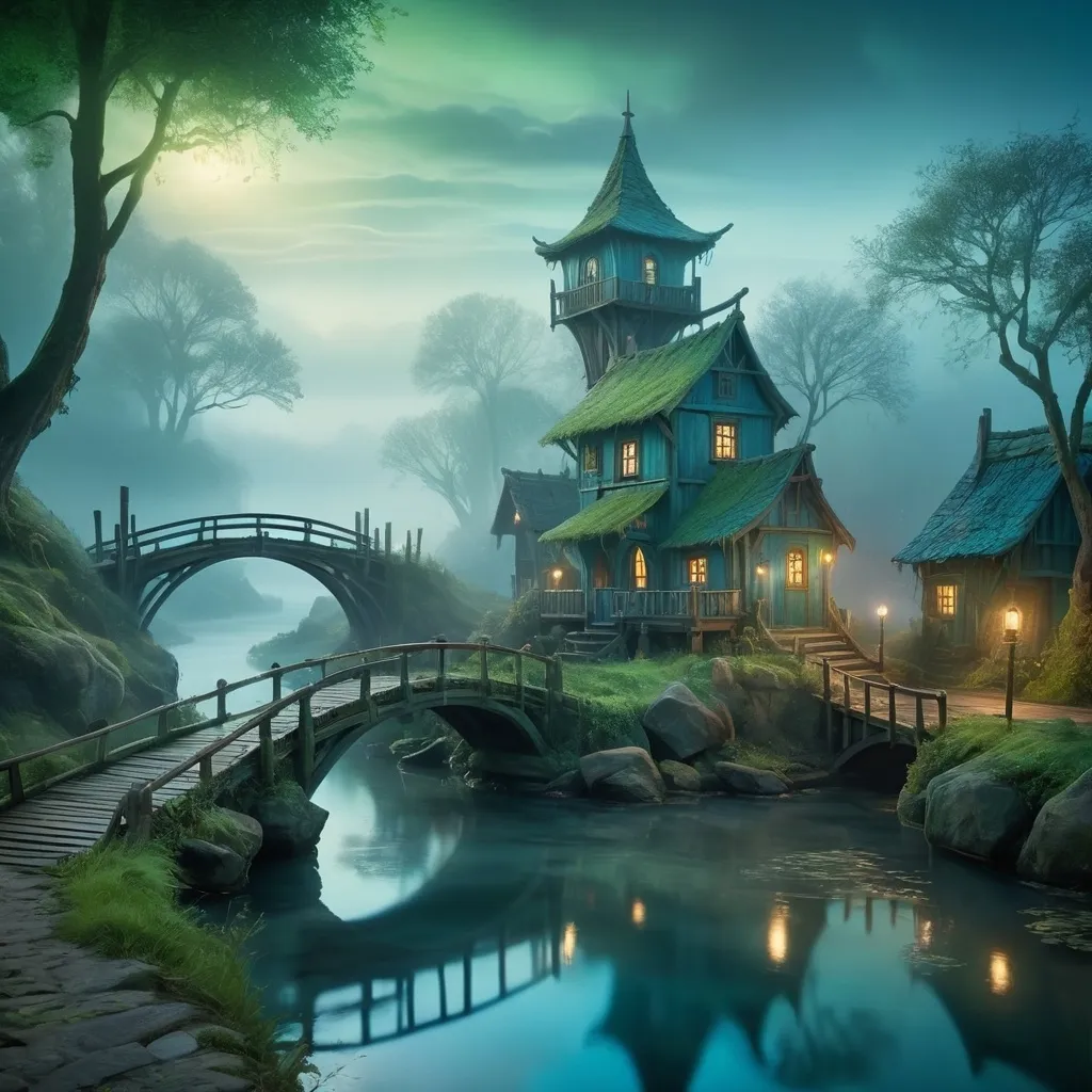 Prompt: (fantasy style small settlement), foggy atmosphere, (cinematic lighting), tranquil river with a beautiful bridge, dramatic contrasts in shadows, mystical ambiance, cool color scheme emphasizing blues and greens, detailed structures nestled amid mist, ethereal glow reflecting on water surface, ultra-detailed, enchanting vibe, serene yet captivating scene.