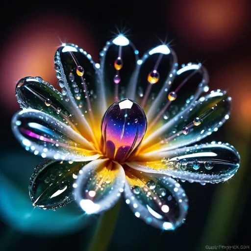 Prompt: Macro photo, sparkling magical fantasy glass flower dewdrop, amazing quality, intricate, cinematic light, highly detailed, beautiful, surreal, dramatic, galaxy fantasy colors, fantasy style, ethereal lighting, intricate details, surreal fantasy, macro photography, magical glass flower, sparkles, vibrant colors, high-quality image, surreal lighting