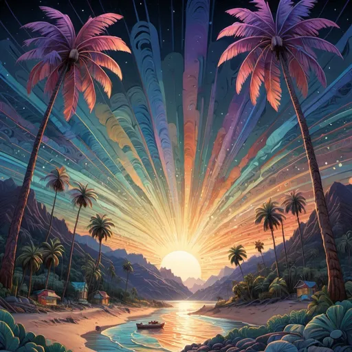 Prompt: an evening sky with stars and palm trees behind it, in the style of intricate psychedelic landscapes, martin ansin, emily carr, psychedelic overload, multilayered dimensions, smooth, swirling vortexes, hyperdetailed, illustration, painting, watercolor,