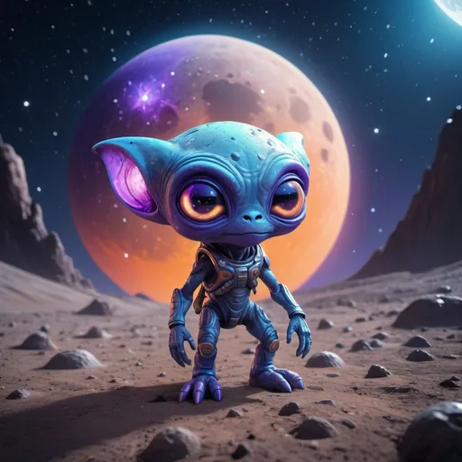 Prompt: ((best quality)), ((illustration)), ((masterpiece)), bright  colors, unreal engine, highres, cute alien creature on the surface of the moon, glowing blue orange and purple; with star shower in background, highly detailed