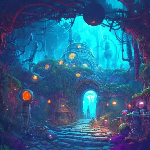 Prompt: Science-based fantasy adventure illustration, vibrant and colorful, detailed scientific equipment, mystical ancient path, lush greenery, illuminated pathway, high-tech gadgets, futuristic setting, atmospheric lighting, highres, vibrant colors, fantasy, science fiction, detailed environment, adventurous, mystical, well-being, futuristic technology, professional, atmospheric lighting