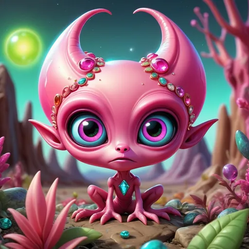Prompt: Whimsical, cute pink alien, cartoon style, girlie ultra diamond and gems bling, vibrant colors, large expressive eyes, playful demeanor, alien landscape, otherworldly plants, best quality, high resolution, vibrant, cartoon, cute, whimsical, otherworldly, playful, expressive eyes, alien landscape, vibrant colors, professional
