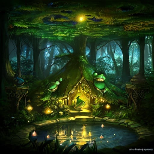 Prompt: Fantasy illustration of a magical forest, mysterious moon, cozy atmosphere, warm tones, high quality, enchanting lighting, frog in a pond, detailed foliage, mystical ambiance, peaceful setting, professional, fantasy, magical, cozy, detailed frog, forest setting, warm tones, enchanting lighting