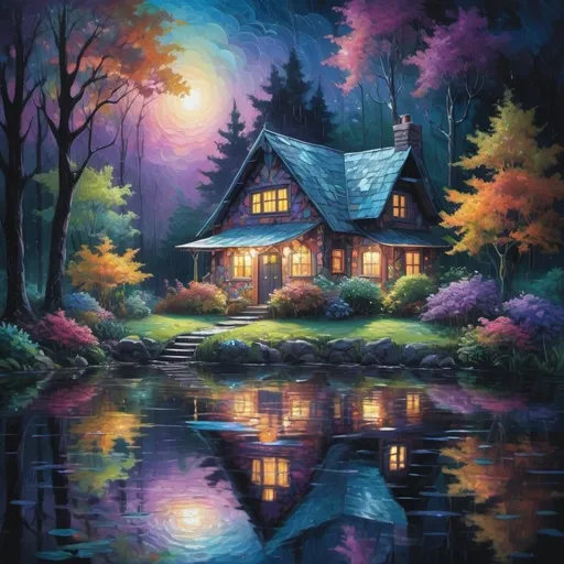 Prompt: magical cottage on rainy night deep dark multicolor forest in hazy moonlight, sitting along the waters of a serene pond shimmer with kaleidoscopic reflections of the changing sky above. Each ripple, a testament to the wind's whisper, reshapes the radiant colors, embodying the transient nature of introspection. 