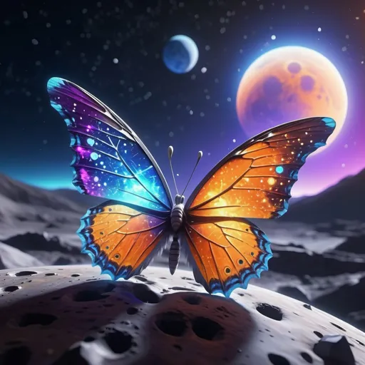 Prompt: cute alien butterfly on the surface of the moon, glowing blue, orange, and purple, meteor shower in the background, highly detailed, best quality, illustration, bright colors, unreal engine, highres