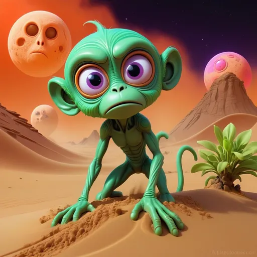 Prompt: violent bright Moon storm , green space monkey aliens cartoon creatures , sand storm action on the sand waves on Mars, vibrant colors, playful demeanor, alien flowered landscape, otherworldly plants, best quality, high resolution, vibrant, cartoon, cute, whimsical, otherworldly, playful, expressive eyes, alien landscape, vibrant colors, professional