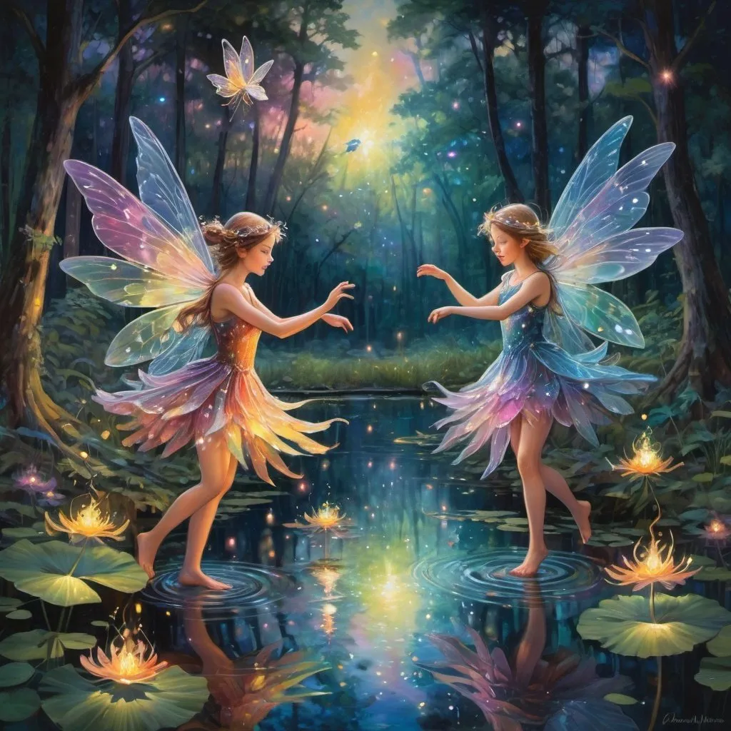 Prompt: small winged fairies characters dancing in deep dark multicolor forest,Amidst a quiet forest glade, fireflies in the background around the waters of a serene pond shimmer with kaleidoscopic reflections of the changing sky above. Each ripple, a testament to the wind's whisper, reshapes the radiant colors, embodying the transient nature of introspection. 