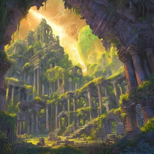 Prompt: Science-based fantasy adventure illustration, lush greenery, magical energy, ancient ruins, mysterious artifacts, vibrant colors, detailed, mystical lighting, high quality, fantasy, adventure